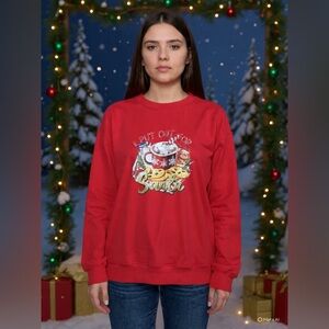 Red Holiday Sweatshirt with Festive Cocoa & Cookies Graphic